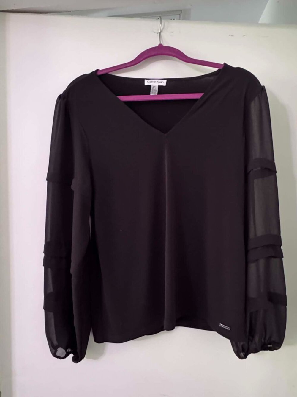 Calvin Klein Black Blouse Sheer Bell Sleeves Medium - Picture 2 of 6